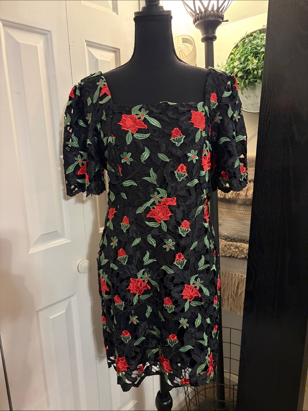 Just Me Black Lace Mini Dress with Red Floral Embroidery